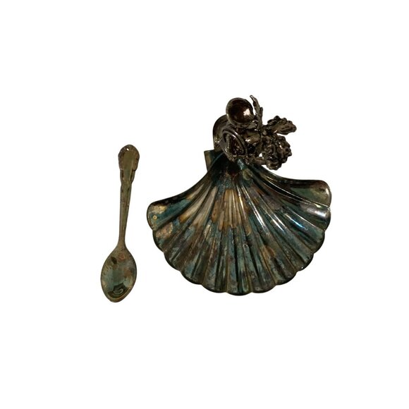 Vintage Silver Toned Cherub Scallop Shell Salt Cellar Decorative Spoon Included - Picture 8 of 10